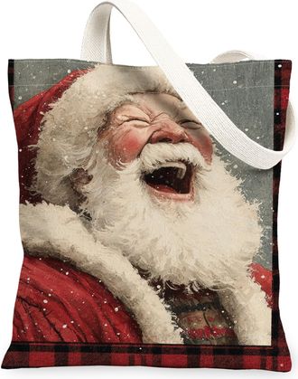 Generic Festive Canvas Tote Bags, Merry Holiday Santa Design Reusable Shopping Bags, Rustic Plaid Lightweight Washable Shoulder Strap Canvas for Grocery Trave