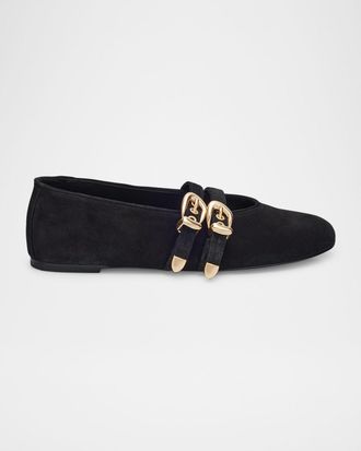 Stuart Weitzman Maven Suede Buckle Mary Jane Ballerina Flats