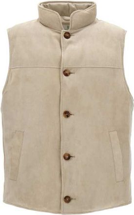 Brunello Cucinelli Mens English White Leather Button Front Vest Jacket, Size XS