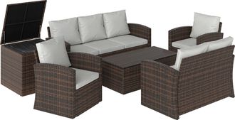 OUTSUNNY Conjunto De Jard&iacute;n Exterior De Rat&aacute;n, 6 Piezas Incluye Cojines, Sof&aacute; Doble, Sof&aacute; 3 Plazas, 2 Sillones, 2 Mesas Auxiliares Con Almacenamiento