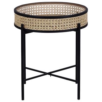 Beliani Beliani - Mesa Auxiliar Patas Plegables De Metal Negro Tablero Desmontable De Rat&aacute;n Ligero Boho Redondo Vienna