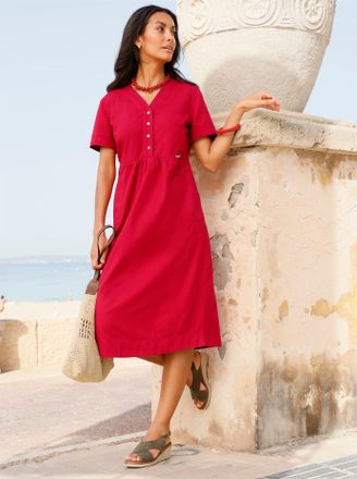 Casual Looks Jeanskleid CASUAL LOOKS Jeans-Kleid, Damen, Gr. 36, Normalgr&ouml;ssen, erdbeere, Twill, 100% Baumwolle, unifarben, wadenlang, V-Ausschnitt, Kleider Jeansk