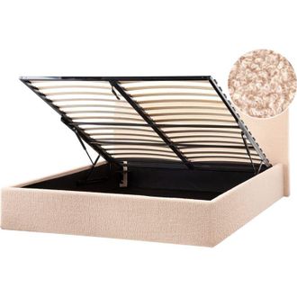 Beliani Cama tapizada de bouclé 140 x 200 cm con almacenaje cabecero elevable beige Orbey