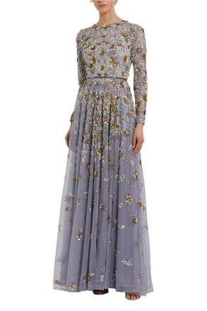 Mac Duggal Embellished High Neck Long Sleeve A Line Gown in Platinum Gold at Nordstrom, Size 20