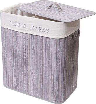 Hhg [NON UTILIZZATO] Cesta borsa portabiancheria bagno elegante HHG-153 legno bamb&ugrave; 34x55x63cm 100l grigio blu