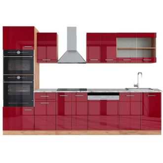 Vicco Mueble De Cocina R-line, Burdeos Brillo Intenso/roble Dorado, 300 Cm Con Armario Alto, Et M&aacute;rmol, Vicco
