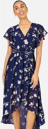 Yumi Floral Frill Hem Wrap Midi Dress in Navy at Nordstrom, Size 14