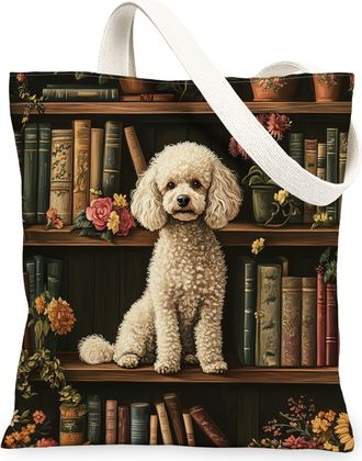 Generic Spring Poodle Dog Canvas Tote Bag for Shopping 13x15, Flower Bookshelf Puppy Reusable Grocery Print Bag for Women, Fun Pet Beach Aesthetic Painting Gi