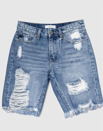 Kancan Womens High Rise Distressed Bermuda Shorts In Medium Wash