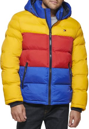 Tommy Hilfiger Mens Hooded Puffer Jacket (Standard and Big & Tall), Yellow/Red/Blue, M