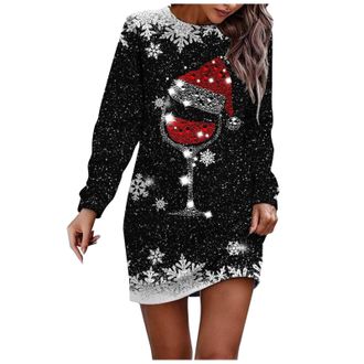 Generic Women Oversized Sweatshirt Dress Long Sleeve Crew Neck Christmas Sparkle dress Xmas Wine Glass Printed Dresses long Tops Casual crew neck Midi dresses