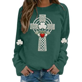Generic St Patricks Day Sweatshirt For Women Celtic Cross Graphic Christian Faith Sweatshirt Irish Shamrock Print Pullovers Ireland Going Out Tops St Paddys D