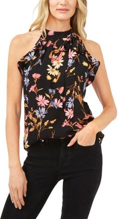 CeCe by Cynthia Steffe Tie Neck Ruffle Sleeveless Blouse in Rich Black at Nordstrom, Size X-Small