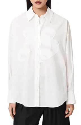 AllSaints Sparrow Embrodiered Logo Appliqu&eacute; Linen & Cotton Button-Up Shirt in Optic White at Nordstrom, Size 12 Us