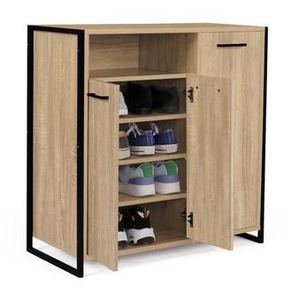 Meuble à Chaussures IDMarket 18 Paires Effet Béton 3 Portes Blanches 113cm