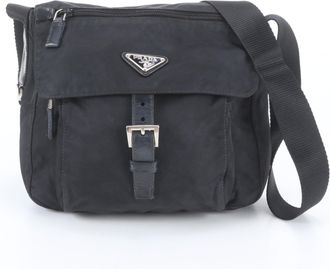 Prada Black Leather Nylon Messenger Bag Shoulder Bag (Pre-Owned)