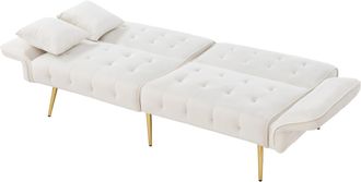STILVORA Clic-clac 2 Plazas En Terciopelo Con Respaldo Ajustable, Patas De Metal Dorado Y Brazos Multi-posiciones, Blanco Antiguo