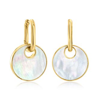Ross-Simons Mother-Of-Pearl and Onyx Reversible Hoop Drop Earrings in 18kt Gold Over Sterling