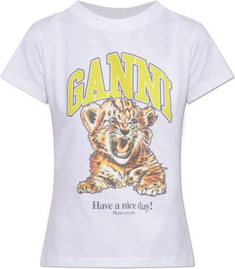 Ganni T-shirt met print - Dames - T-shirts - Wit - M - Katoen - Tops
