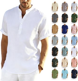 Generic Mens Linen Shirts Short Sleeve Summer Beach Hawaiian Shirts with Pockets Grandad Collar Collarless Henley Tshirts Men UK Button V Neck Cotton Linen To