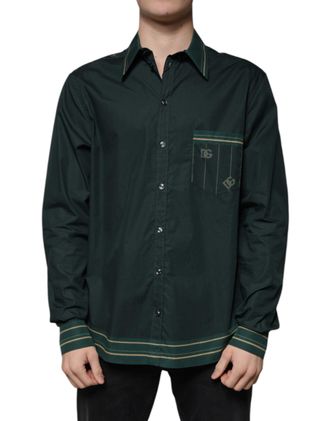 Dolce & Gabbana Mens Green Logo Long Sleeve Martini Casual Shirt Dark Cotton