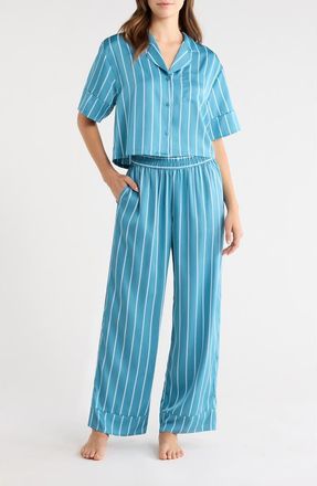 Open Edit Boxy Everyday Satin Pajamas in Teal- Blue Alto Stripe at Nordstrom, Size X-Small
