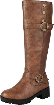 Generic Womens Leisure Knee High Boots Round Toe Medium Block Heel Platform With Side Zipper And Metal Decoration Casual Wear