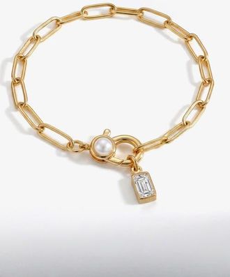 Mint & Lily Paperclip Bracelet with Pearl Accent with Dainty Baguette Birthstone Charm in April Diamond at Nordstrom, Size 8