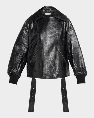 Co Shiny Crinkle Leather Oversized Bomber Jacket