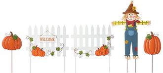 Glitzhome Handmade Set Of 5 Fall Metal Scarecrow, Pumpkin & Fence Yard Stakes