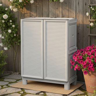 Dmora Mueble Para Exteriores O Interno Multiusos, Armario Bajo Con 2 Puertas Y 1 Estante De Polipropileno, 100% Made In Italy, 70x39h92 Cm, Color Gris Claro