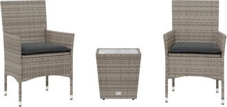 vidaXL Mesita Y Sillas Con Cojines 3 Pzas Rat&aacute;n Sint&eacute;tico Vidrio Gris Vidaxl