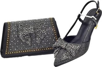 Generic Womens Shoes and Bags Set Sparkly Rhinestone Bow Decorated Stiletto High Heel Shoes Evening Handbag