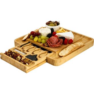 MegaChef Wood Charcuterie Cheese Board with Slide Out Drawer with Cheese Utensils, Bottle Opener, and 3 Piece Mini Chalkboard Set in Bamboo at
