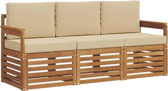 vidaXL Juegos De Sof&aacute;s 3 Uds. Natural Y Beige Madera De Acacia S&oacute;lida Vidaxl