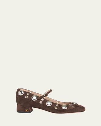 Valentino Garavani Nellcote Studded Suede Mary Jane Ballerina Flats