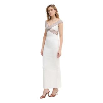 Elisabetta Franchi Lange gebreide jurk met gestreepte banden - Dames - Avondkleed - Beige - S - Leer - Kleedjes