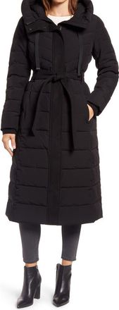 Ellen Tracy Belted Hooded Quilted Coat in Black at Nordstrom, Size Large