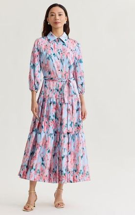 Misook Printed Floral Crepe de Chine Tiered Maxi Dress in Pink/blue/biscotti/black at Nordstrom, Size Xx-Large