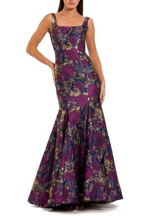 Mac Duggal Womens Sleeveless Floral Brocade Trumpet Gown in Midnight Multi at Nordstrom, Size 10