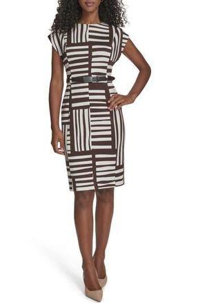 Calvin Klein Stripe Cap Sleeve Belted Sheath Dress in Coffee Bean/Cream at Nordstrom Rack, Size 4