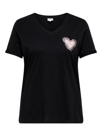 Only Carmakoma Kurzarmshirt ONLY CARMAKOMA CARBEA LIFE SS V-NECK TEE, Damen, Gr. L, schwarz print:heart, Jersey, Obermaterial: 100% Baumwolle, bedruckt, regular fit 