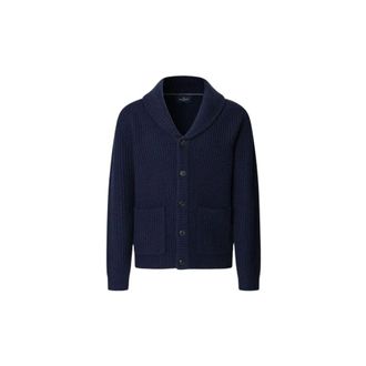 Hackett Cardigans, male, Blue, Size: XL Merino Wool Ribbed Shawl Cardigan