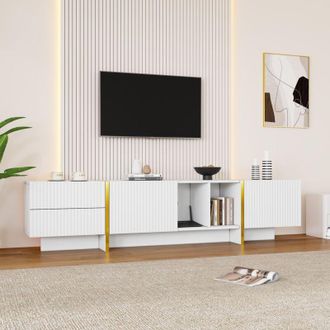 C&A 85-Inch TV Stand with Storage Cabinet & Open Shelves, Embossed Pattern Media Console for Living Room, White