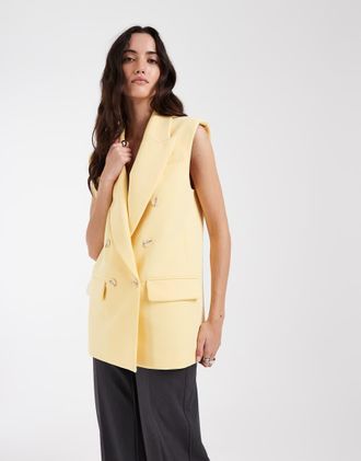 Asos Blazer sartoriale doppiopetto senza maniche con spalle scoperte giallo latticello