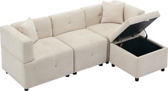 STILVORA Sof&aacute; Esquinero Reversible 3 Plazas En Chenilla Con Puff Cofre, Dise&ntilde;o Ergon&oacute;mico Y 2 Cojines, Beige