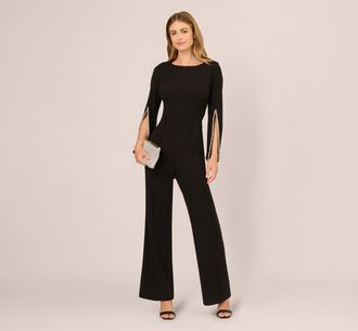 Adrianna Papell Split Sleeve Pearly Trim Jumpsuit In Black Ivory
