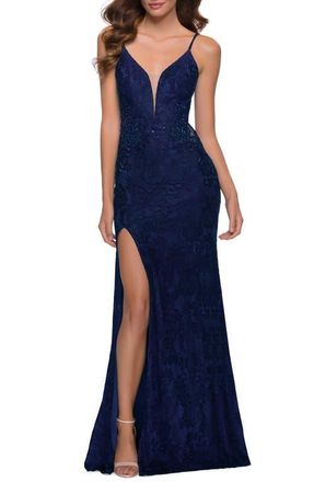 La Femme Chic Long Stretch Lace Gown with Sheer Rhinestone Back in Navy at Nordstrom, Size 00