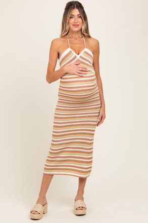 Pinkblush Striped Halter Crochet Knit Midi Dress in Light Olive at Nordstrom, Size Medium