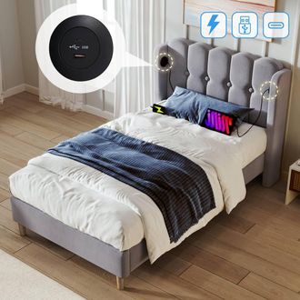 Matteo Upholstered Single Bed - USB & Type-C Charging Grey